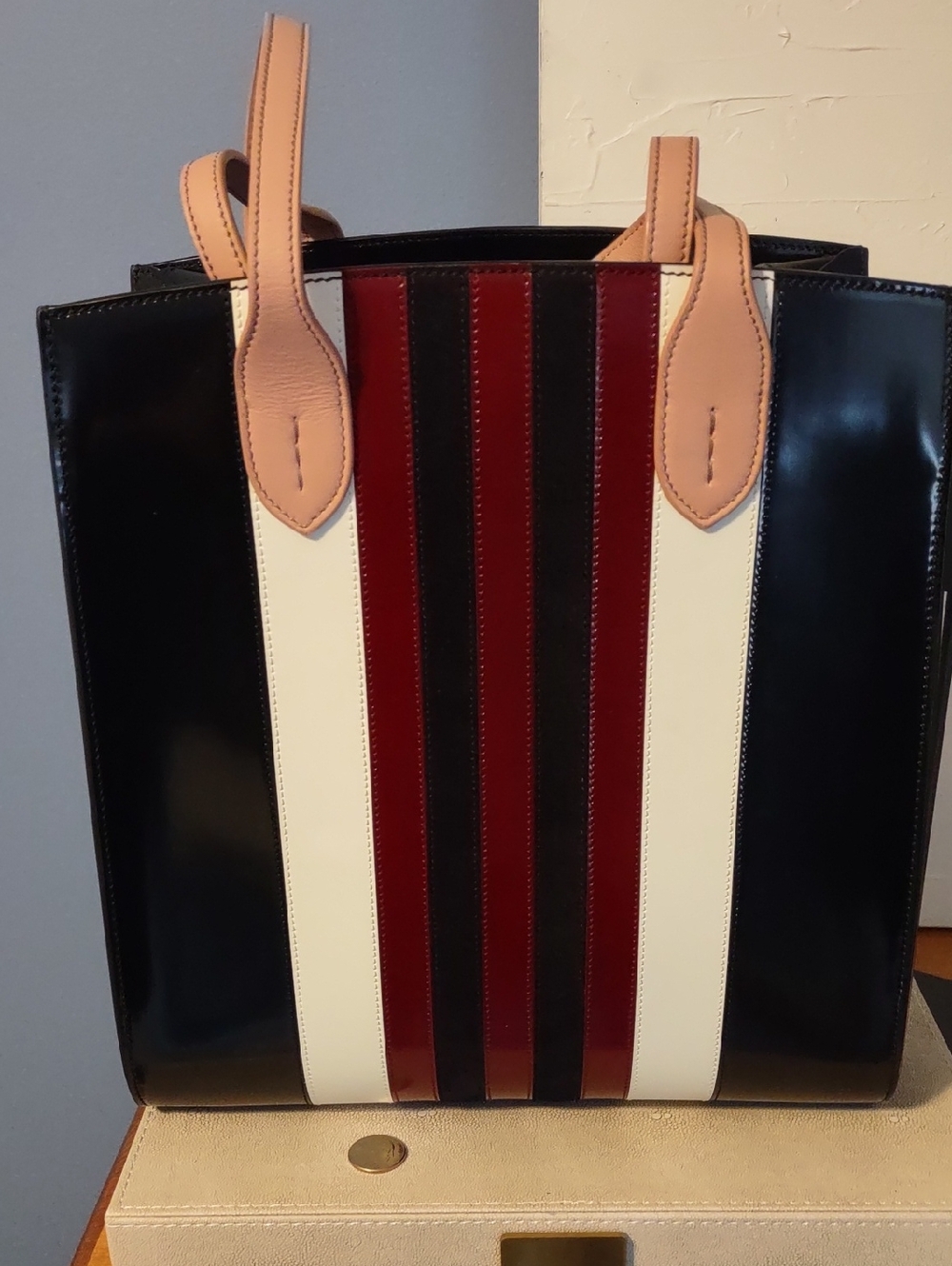 Bertoni 1949 Black Patent Handbag with Burgundy Accent Stripe NWT